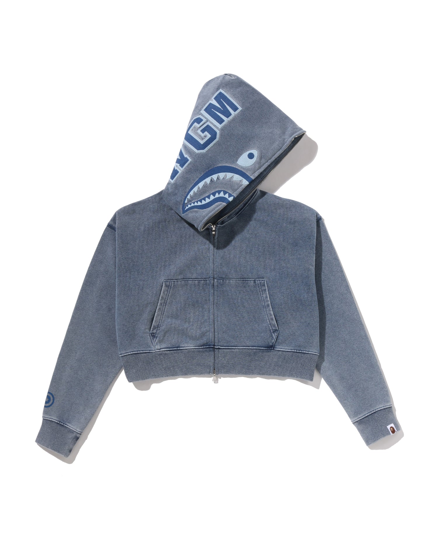 A BATHING APE® Heavy Washed Indigo Shark Cropped Full Zip Hoodie