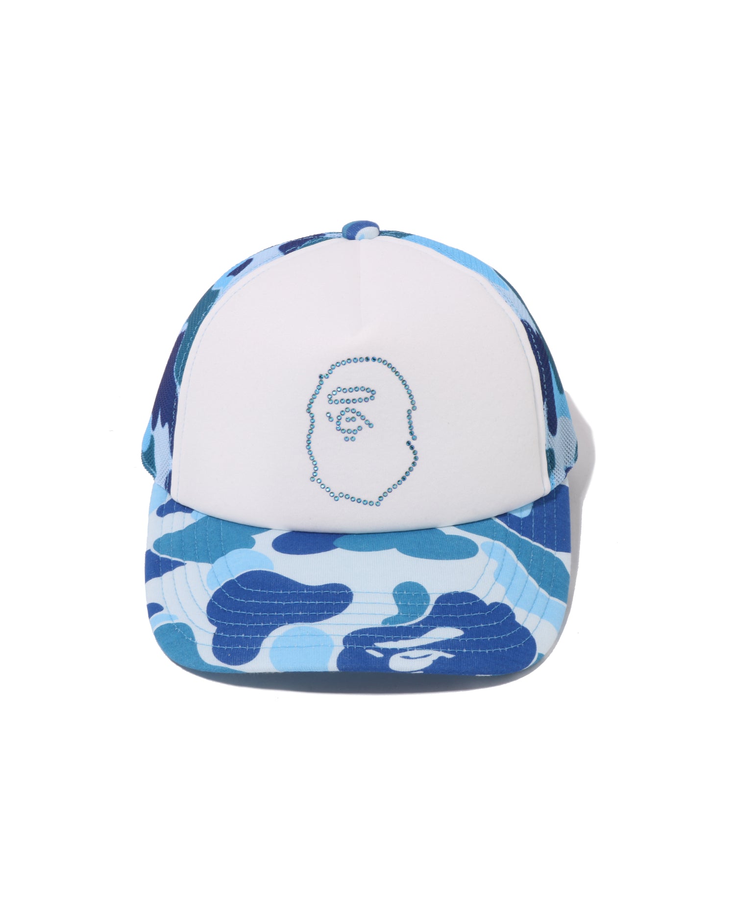 A BATHING APEカモフラージュメッシュキャップ　水色 A BATHING APE - BAPE CRYSTAL STONE メッシュ キャップ ABC CAMOの