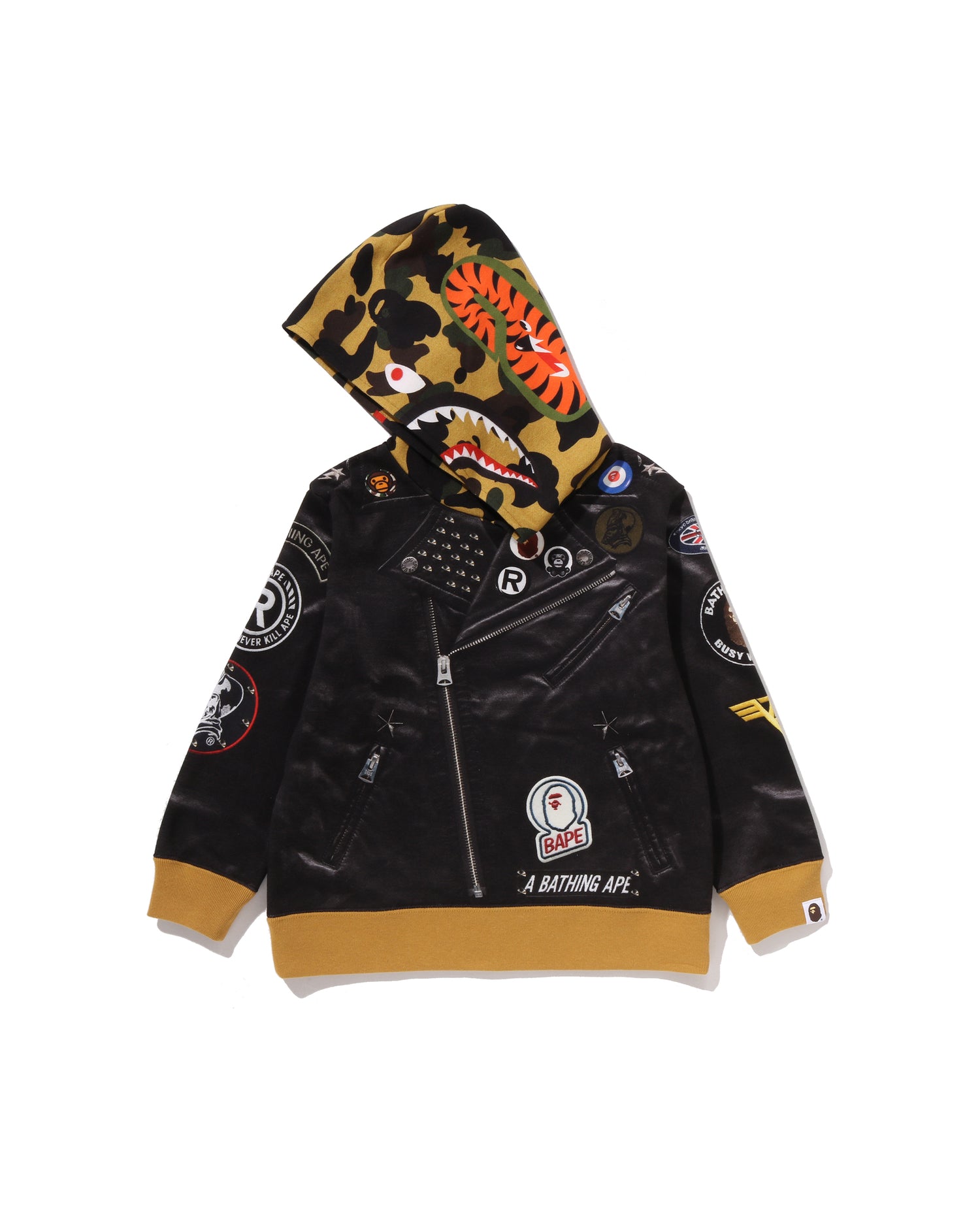 A BATHING APE® Kids Leather Jacket Print Shark Pullover Hoodie