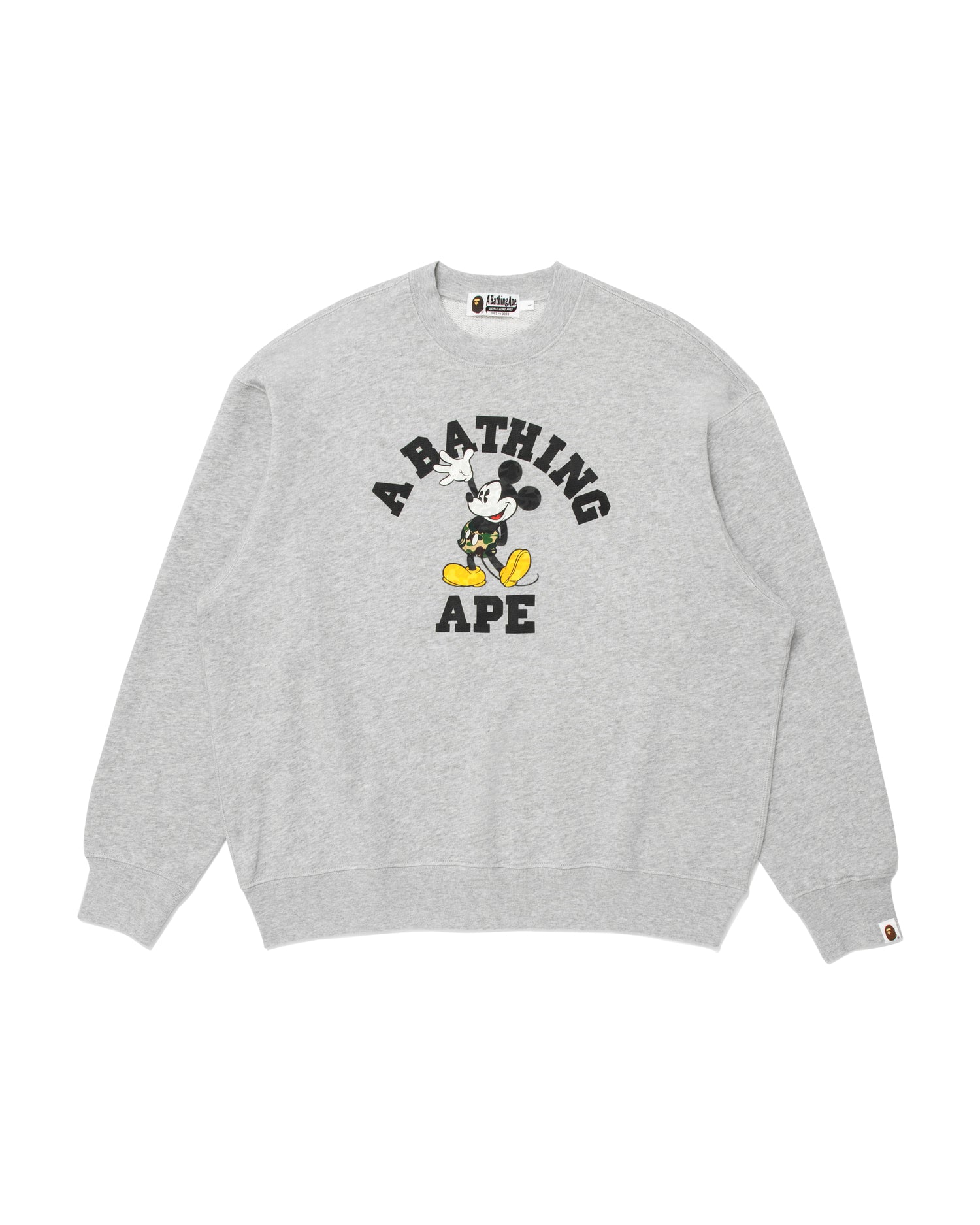 値下げ！ BAPE MICKEY MOUSE GREY べイプ ミッキーマウス A BATHING APE® X Disney Mickey Mouse College Relaxed Fit Crewneck